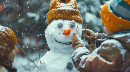 Children Building a Snowman in a Snowy Park. Concept of Winter Activities, Kids Playing in Snow, Family Fun, and Seasonal Traditions.の写真素材