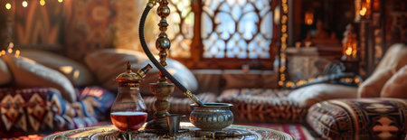 Decorative Hookah Set Up on Ornate Table in Traditional Setting. Concept of Cultural Design, Middle...