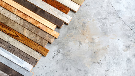 Selection of Flooring Samples Laid Out on a Concrete Surface. Concept of Interior Design, Home Renovation, Various Wood Textures, and Modern Floor Choices. Copy space.の写真素材