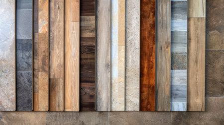 Assorted Wooden Flooring Samples Displayed on a Surface. Concept of Interior Design Materials, Home Renovation Choices, Construction Elements, and Flooring Options. Texture and Pattern Variety.の写真素材