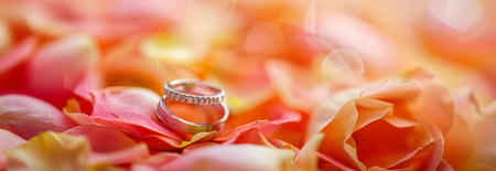 Elegant wedding rings on a bed of fresh rose petals. Concept of love, marriage, romance, and...