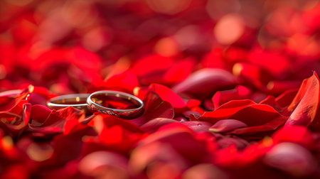 Close-up of wedding rings placed on a bed of fresh rose petals. Concept of love, romance, wedding celebration, elegant jewelry. Romantic scene, anniversary symbol, romantic gesture.の写真素材