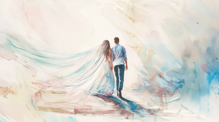 Watercolor illustration of a bride and groom walking in a natural setting. Concept of wedding, love, romance, natural beauty. Print, poster.の写真素材
