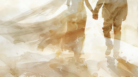 Watercolor illustration of a bride and groom walking hand in hand. Concept of wedding couple, romantic love, elegant attire, beautiful ceremony. Print, decoration.の写真素材