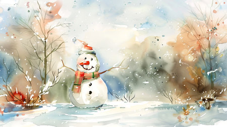 Watercolor illustration of a cheerful snowman with a scarf in a snowy winter landscape. Concept of holiday spirit, festive season, whimsical winter scene. Perfect for seasonal decorations and greeting cards.の写真素材