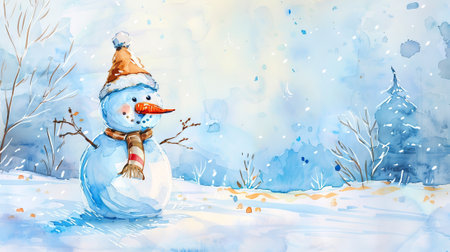 Watercolor illustration of a cheerful snowman with a scarf in a snowy winter landscape. Concept of holiday spirit, festive season, whimsical winter scene. Perfect for seasonal decorations and greeting cards.の写真素材