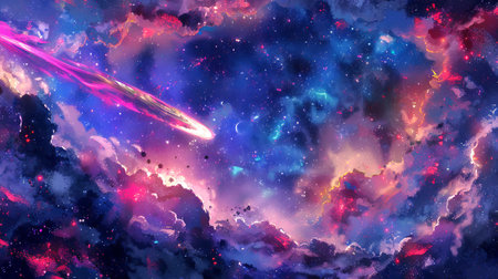 Watercolor illustration of a comet passing through a colorful galaxy. Concept of outer space, cosmic...
