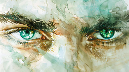 Watercolor illustration of a pair of young man's intense green eyes. Concept of artistic portrait, detailed eye drawing, expressive gaze, watercolor painting.の写真素材