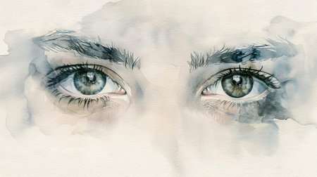 Watercolor illustration of a pair of young woman's mysterious grey eyes. Concept of surreal art, human emotion, watercolor, artistic expression.の写真素材