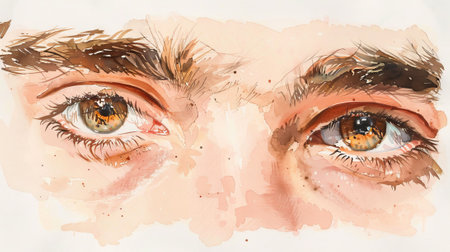 Watercolor Illustration of a Pair of young man's Warm Brown Eyes. Concept of Realistic Portrait, Detailed Facial Expression, Artistic Design.の写真素材