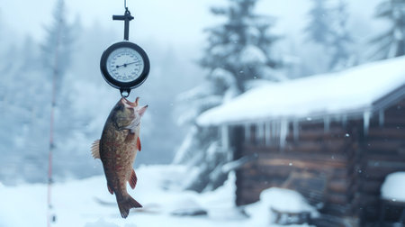 Freshly Caught Fish Hanging on Scale in Snowy Winter Landscape Near Rustic Cabin. Concept of Ice Fishing, Outdoor Adventure, Winter Wilderness Exploration.の写真素材