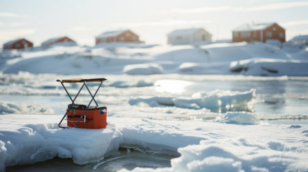 Foldable Ice Fishing Stool with Built-in Seat on a Frozen Lake Amid Snowy Landscape and Colorful...