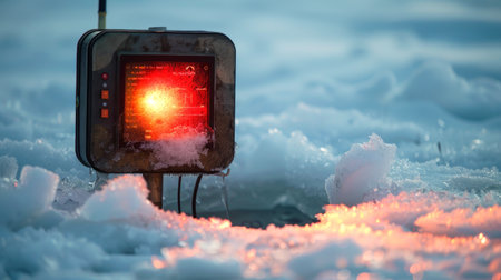High-tech Ice Fishing Device on Frozen Lake with Vibrant Lights at Sunset. Concept of Winter Outdoor Sports, Advanced Fishing Gear, Cold Weather Adventures.の写真素材