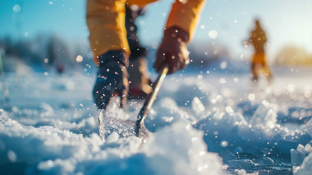 Photo of an Angler Using a Handheld Ice Scoop to Clear Ice from a Frozen Lake. Concept of Winter...