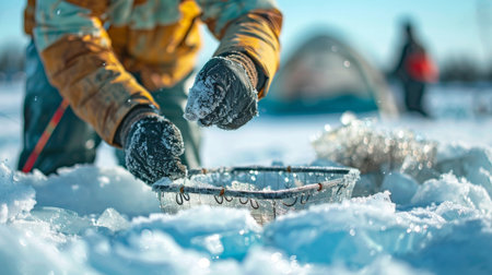 Angler's gloved hands setting up an ice fishing net on a frozen lake. Concept of winter fishing, outdoor adventure, cold weather, and ice fishing gear.の写真素材