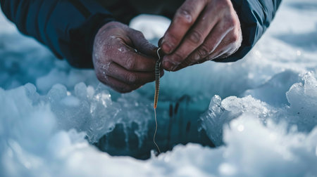 Close-up of Angler's Hands Baiting a Hook with Live Bait on a Frozen Lake. Concept of Ice Fishing,...