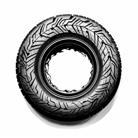 Close-up of a black rubber car tire isolated on white background. Concept of automotive parts, tire...