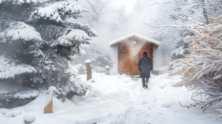 Person stepping out of a hot sauna into a snowy yard. Concept of contrasting seasons, outdoor wellness, winter relaxation.の写真素材