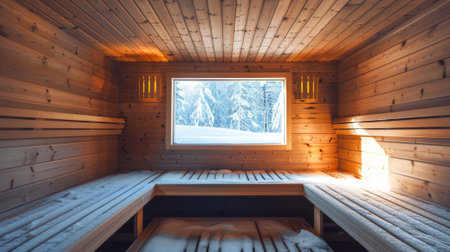 Cozy Wooden Sauna with Snow-Covered Roof Overlooking a Winter Landscape. Concept of Winter Relaxation, Scenic Views, Tranquil Retreat.の写真素材
