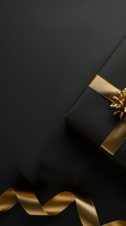 Elegant black gift box with golden ribbon and bow on a dark background. Concept of luxury presents, holiday celebration, and sophisticated gifting. Vertical. Copy space.の写真素材