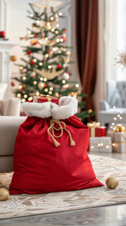 Large red Santa sack filled with Christmas presents in a cozy living room with a decorated tree. Concept of holiday celebrations, festive decorations, gift-giving. Vertical.の写真素材