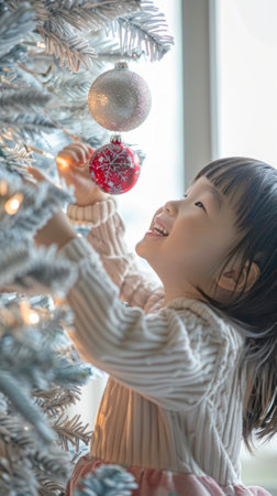 Asian girl decorating Christmas tree with sparkly ornament. Concept of holiday cheer, festive decorations, family traditions. Vertical.の写真素材