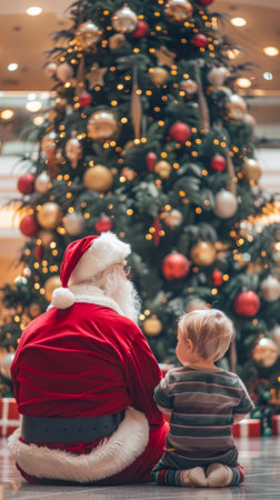 Senior Caucasian man dressed as Santa Claus sitting with a young blonde boy in front of a decorated Christmas tree. Concept of festive holiday season, childhood wonder, and joyful celebration. Vertical.の写真素材
