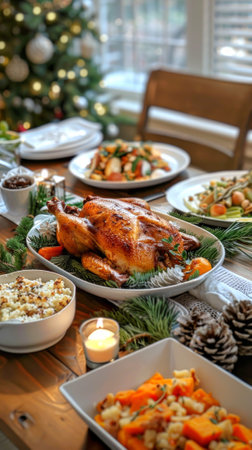 Festive Christmas Dinner Setting with Roast Chicken and Holiday Decor. Concept of family gatherings, festive meals, cozy holiday ambiance. Vertical.の写真素材