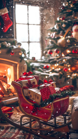 Cozy Interior with Christmas Decorations, Snowflakes Falling, and Wrapped Presents by the Window. Concept of Festive Home Decor, Winter Holiday Spirit, Warm Seasonal Atmosphere. Vertical.の写真素材