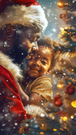 Joyful African American Man and Child Embracing by a Christmas Tree. Concept of Holiday Spirit, Family Bonding, Festive Season. Vertical.の写真素材