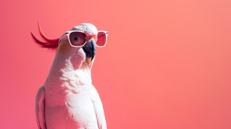 White parrot wearing sunglasses against a pink background. Concept of playful pets, vibrant colors, animal personality. Copy space.の写真素材