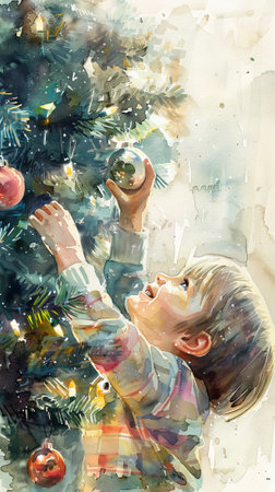 Joyful Asian Child Adorning Christmas Tree with Sparkling Ornaments. Concept of holiday cheer, festive decoration, and childhood wonder in watercolor. Vertical.の写真素材
