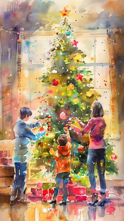 Family Decorating Christmas Tree with Ornaments. Concept of holiday spirit, festive family activities, winter traditions. Watercolor illustration. Vertical.の写真素材