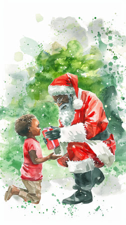 African American Santa Claus Giving a Gift to a Young Boy in a Watercolor Painting. Concept of Holiday Cheer, Cultural Representation, Joyful Giving. Vertical.の写真素材
