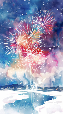 Vibrant Watercolor Winter Scene with Colorful Fireworks over Snowy Landscape and Reflections in a Calm Lake. Concept of Festive Celebration, Peaceful Wilderness, Artistic Expression. Vertical.の写真素材
