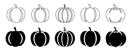 Black and white pumpkin icon set in outline and silhouette variations, isolated on a white background. Concept of autumn harvest, Thanksgiving, Halloween decoration, and seasonal design templateのイラスト素材