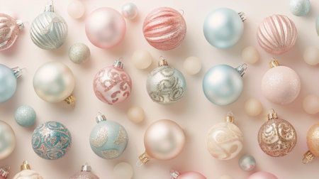 Flat Lay of Christmas Baubles Meticulously Arranged in Pastel Colors. Concept of Festive Decorations, Holiday Spirit, Seasonal Joy. Background.の写真素材