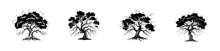 Set of four black silhouette trees with intricate roots and branches isolated on a white background. Concept of nature, growth, tree symbolism, and minimalist design.のイラスト素材