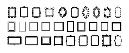Black and white set of vintage picture frames. Collection of ornate, antique, decorative, and classical frame designs. Art, decoration, and interior design elements. Copy space.のイラスト素材