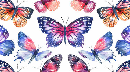 Vibrant watercolor butterflies on a white background. Concept of colorful nature, insect illustration, art design, spring aesthetics.の写真素材