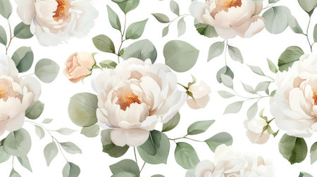 Watercolor floral pattern of white roses and green eucalyptus leaves. Concept of botanical illustration, floral design, nature-inspired patterns, wedding decor. Soft background.の写真素材