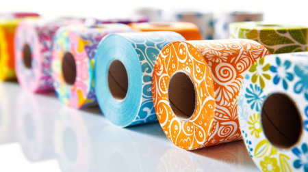 Colorful patterned toilet paper rolls in a row on glossy surface. Concept of vibrant bathroom decor, hygienic products, everyday essentials, fun home accessories.の写真素材