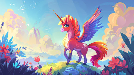 Colorful illustration of a pegasus with a rainbow mane standing on a hill in a whimsical landscape. Concept of fantasy, magic, children's art, unicorn, and imagination.の写真素材