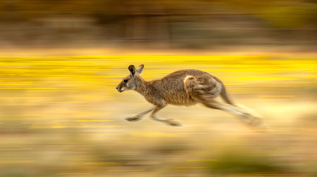 Kangaroo hopping rapidly through a field adorned with vibrant yellow flowers. Concept of wildlife movement, natural habitat, Australian outback, dynamic nature scenes, motion, blur, speed.の写真素材