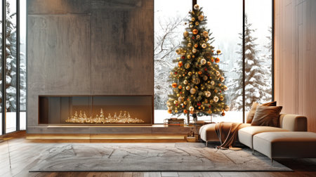 Stylish Christmas upscale living room with a modern fireplace, sleek furniture, and a decorated Christmas tree with metallic ornaments. Concept of contemporary holiday decor, luxury, and warmth.の写真素材