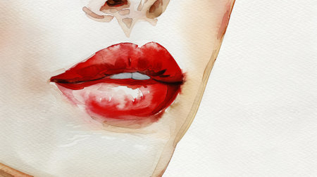 Watercolor illustration of a close-up of woman's lips with glossy red lipstick and soft pastel tones. Concept of beauty, makeup, Asian art, and feminine delicacy.の写真素材