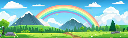 Colorful Rainbow Arching Over Green Mountain Landscape with Blue Sky and Fluffy Clouds. Concept of Serene Nature, Outdoor Adventure, and Beautiful Weather. Digital art. Banner.の写真素材