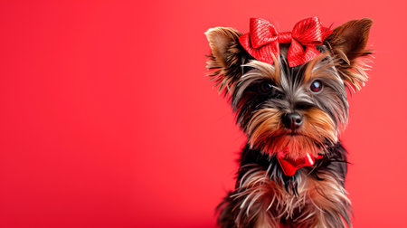 Adorable Yorkshire Terrier Dog with Red Bow and Collar Against Vibrant Red Background. Concept of pet fashion, cute animal portrait, and vibrant colors. Copy space.の写真素材