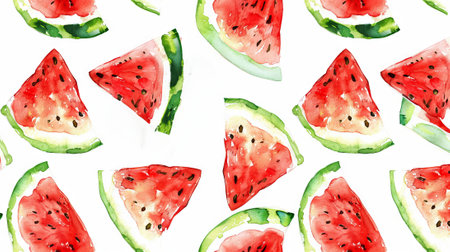 Watercolor illustration of fresh watermelon slices showcasing vibrant summer fruits. Concept of...