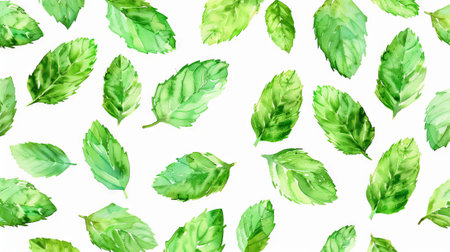 Watercolor illustration of pattern background with vibrant green mint leaves on a white backdrop....